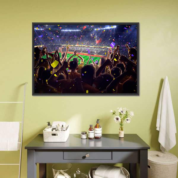 Fans On Stadium Soccer Game Confetti And Tinse Canvas Wall Art-1 Piece-Floating Frame-24" x 16"-Tiaracle