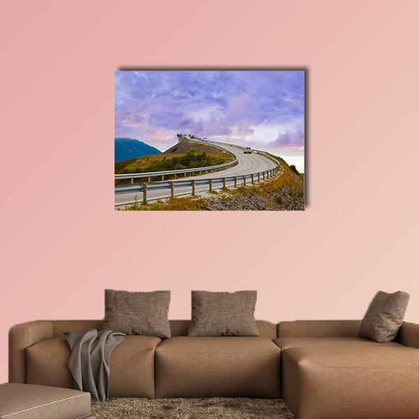 Bridge on Atlantic Road Canvas Wall Art in gray, blue and purple, single panel hung on a wall