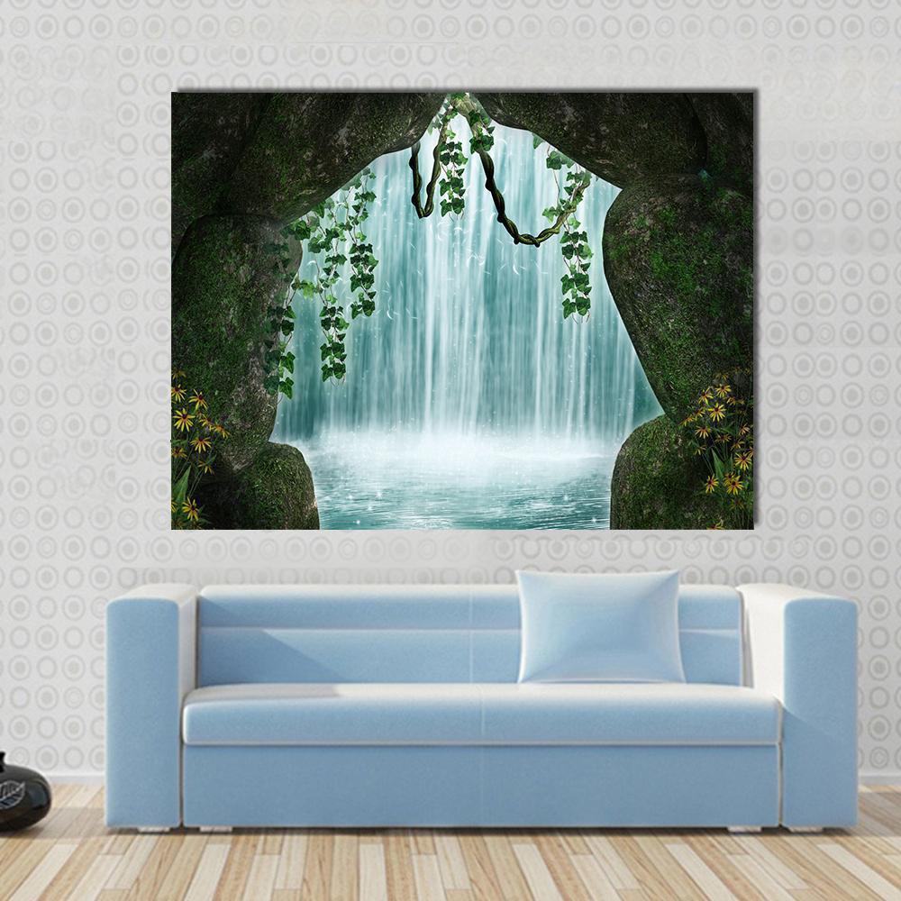 Cave and Waterfall Artwork Canvas Wall Art in gray, green and blue, single panel hung on a wall