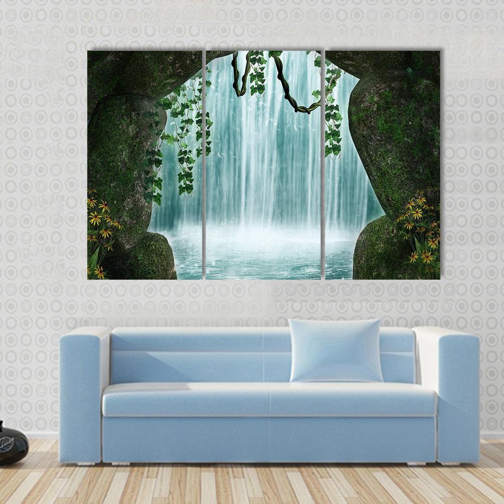 Fantastic Cave And Waterfall Canvas Wall Art-3 Horizontal-Gallery Wrap-37" x 24"-Tiaracle