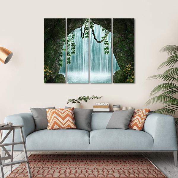 Fantastic Cave And Waterfall Canvas Wall Art-4 Horizontal-Gallery Wrap-34" x 24"-Tiaracle
