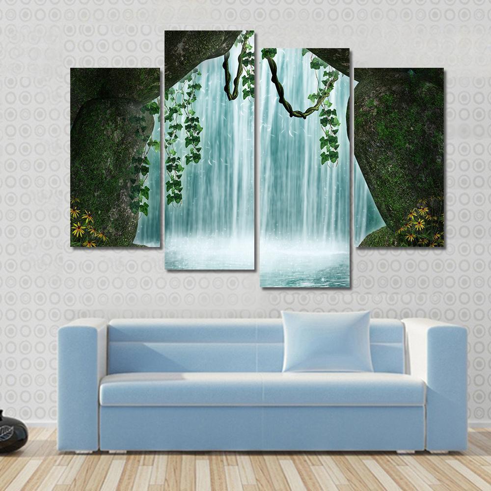 Fantastic Cave And Waterfall Canvas Wall Art-4 Pop-Gallery Wrap-50" x 32"-Tiaracle