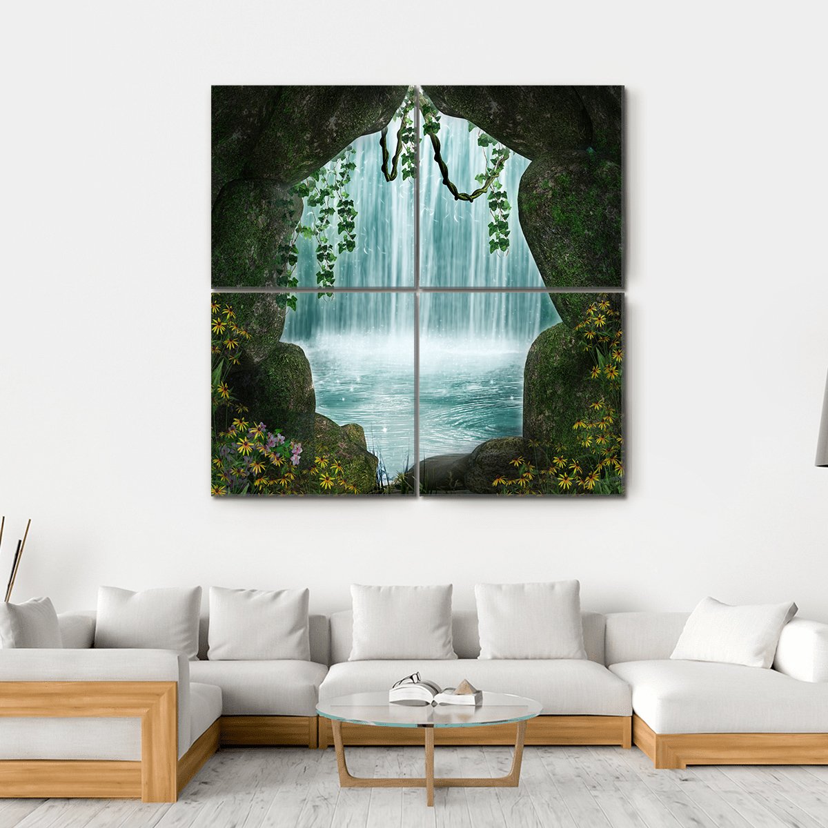 Fantastic Cave And Waterfall Canvas Wall Art-4 Square-Gallery Wrap-17" x 17"-Tiaracle
