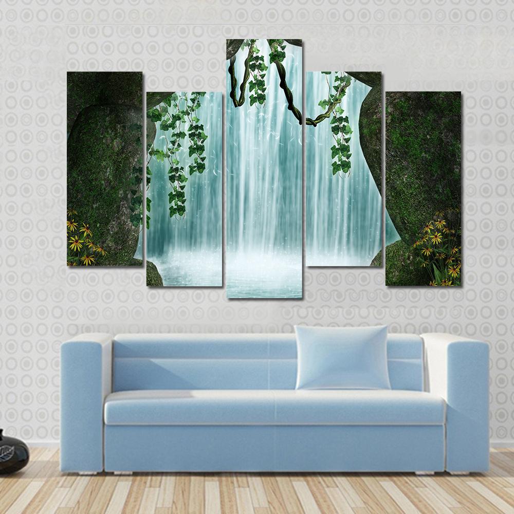 Fantastic Cave And Waterfall Canvas Wall Art-5 Pop-Gallery Wrap-47" x 32"-Tiaracle
