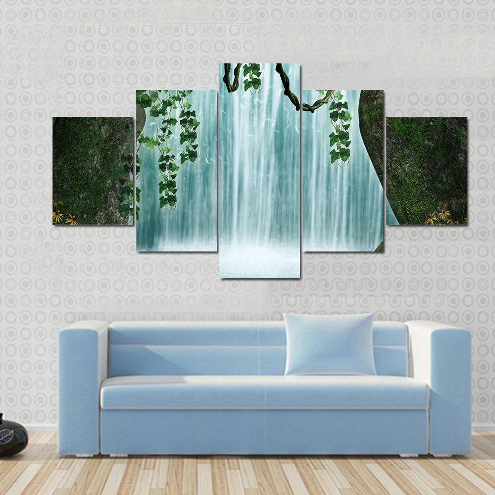 Fantastic Cave And Waterfall Canvas Wall Art-5 Star-Gallery Wrap-62" x 32"-Tiaracle
