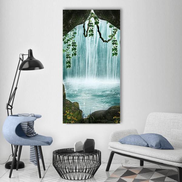 Secluded Grotto Waterfall Vertical Canvas Wall Art in gray, green and blue, single vertical panel hung on a wall