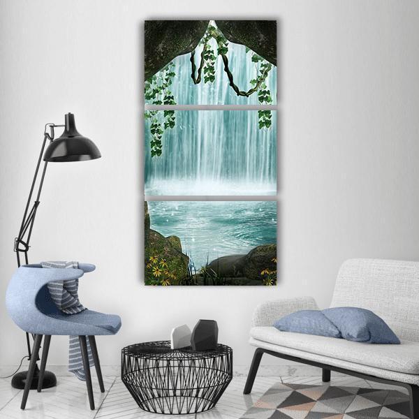 Fantastic Cave And Waterfall Vertical Canvas Wall Art-3 Vertical-Gallery Wrap-12" x 25"-Tiaracle