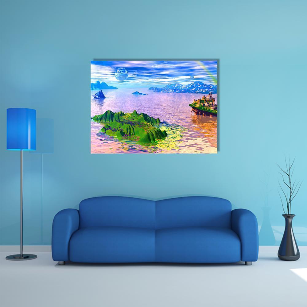 Glowing Floating Islands with Castle Canvas Wall Art in green, blue and pink, single panel hung on a wall