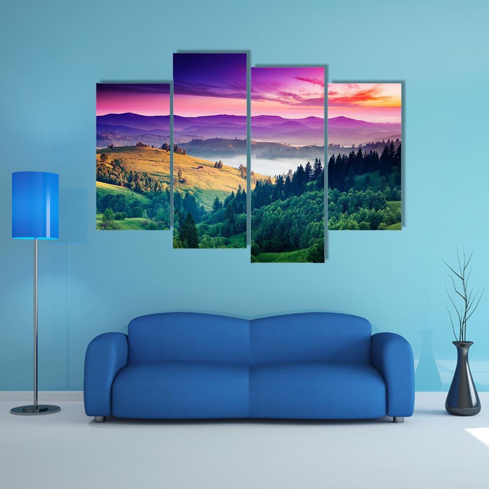 Fantastic Morning Mountain Landscape Canvas Wall Art-4 Pop-Gallery Wrap-50" x 32"-Tiaracle
