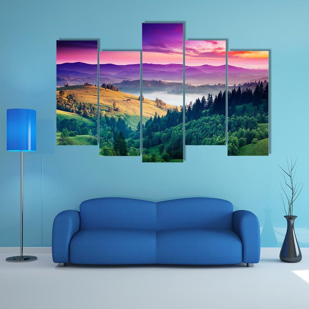 Fantastic Morning Mountain Landscape Canvas Wall Art-5 Pop-Gallery Wrap-47" x 32"-Tiaracle