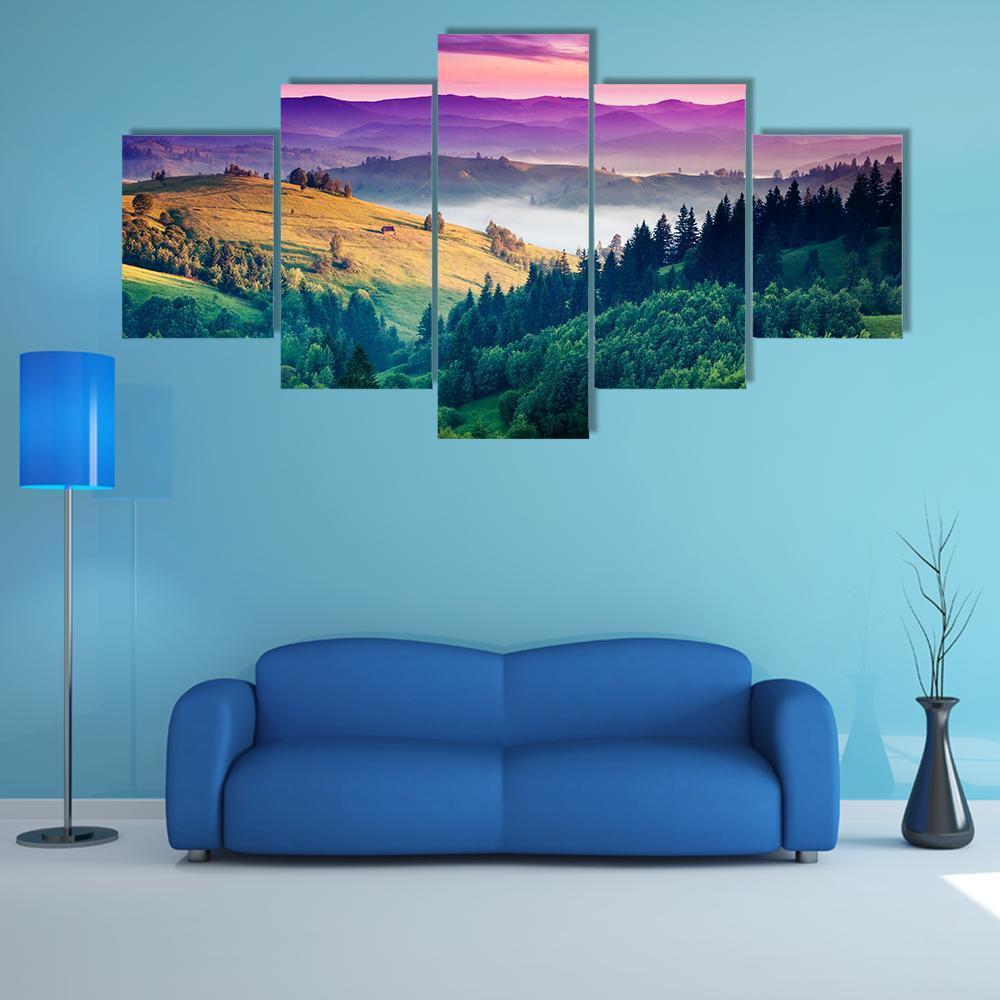 Morning Mist Over Rolling Mountains Canvas Wall Art in green, purple and pink, 5 panel Star layout hung on a wall