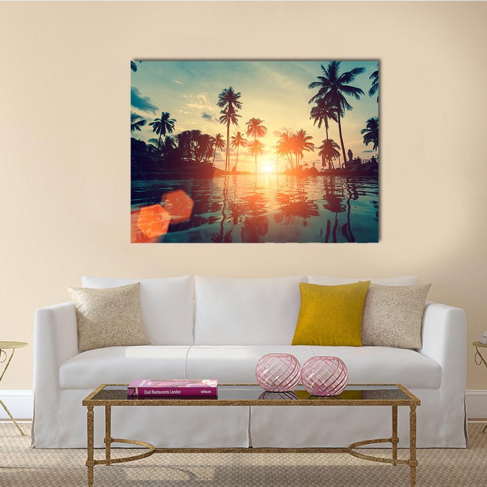 Fantastic Sunset On Tropical Beach Canvas Wall Art-1 Piece-Gallery Wrap-48" x 32"-Tiaracle