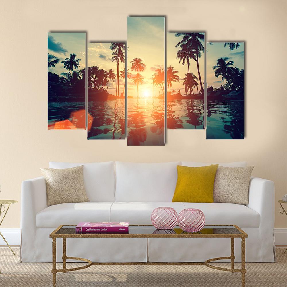 Fantastic Sunset On Tropical Beach Canvas Wall Art-5 Pop-Gallery Wrap-47" x 32"-Tiaracle