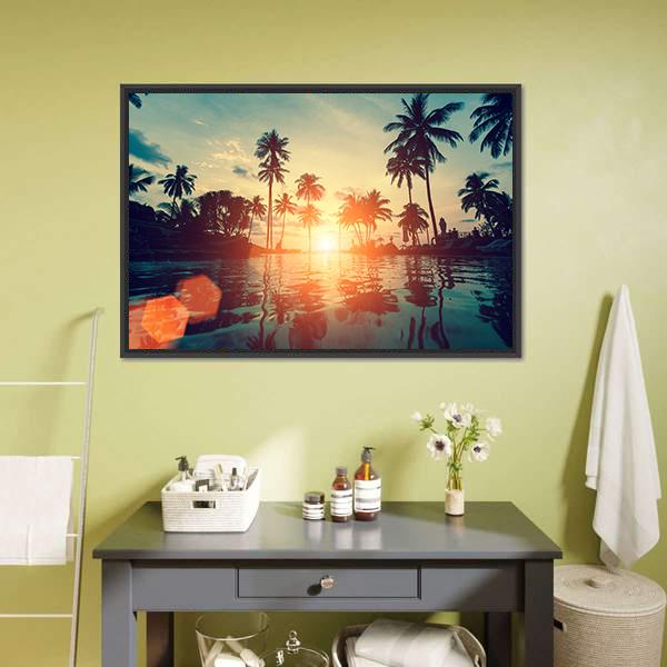 Fantastic Sunset On Tropical Beach Canvas Wall Art-1 Piece-Floating Frame-24" x 16"-Tiaracle