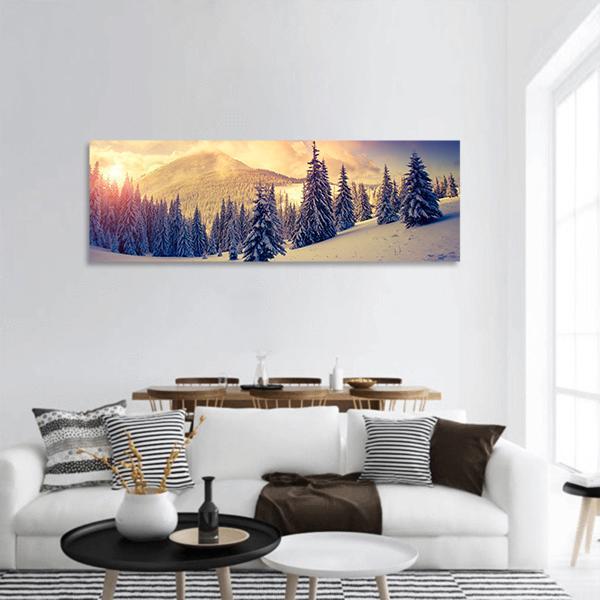 Winter Landscape In Carpathian Panoramic Canvas Wall Art-1 Piece-36" x 12"-Tiaracle