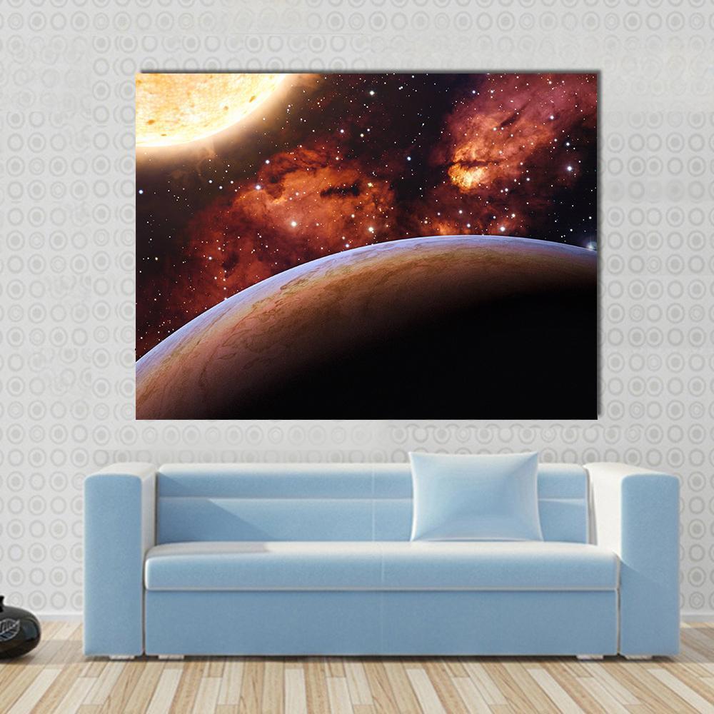 Fantasy Alien Exo Planet Canvas Wall Art in black, orange and purple, single panel hung on a wall