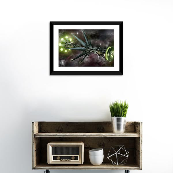 Fantasy Alien Mothership Canvas Wall Art in black, gray and green, framed canvas, product view on a white background