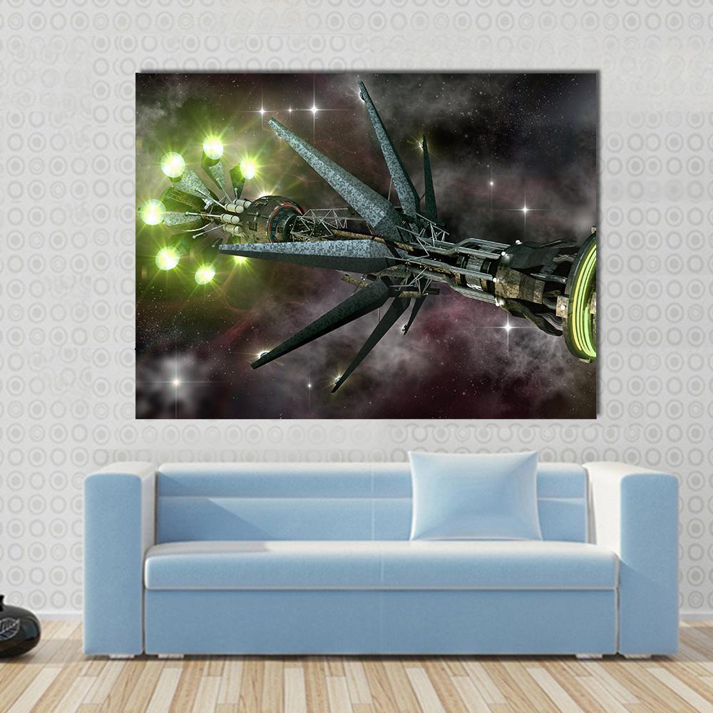 Fantasy Alien Mothership Canvas Wall Art in black, gray and green, single panel hung on a wall