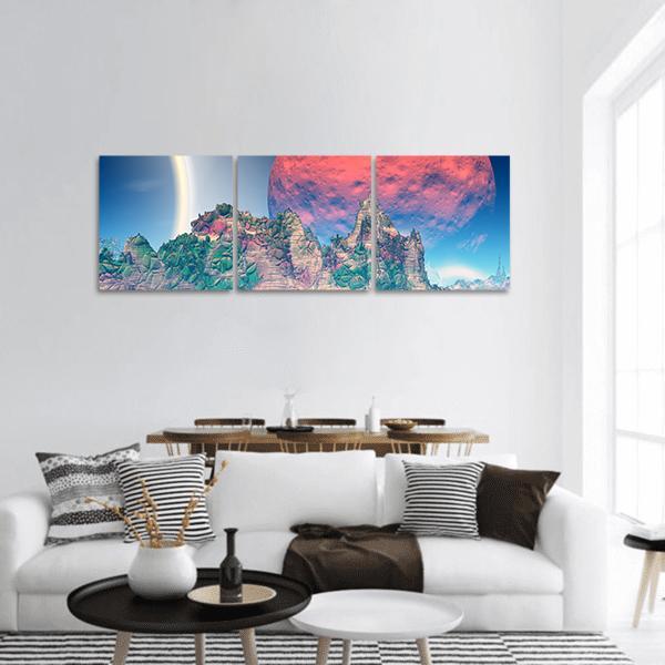 Fantasy Alien Planet Landscape Panoramic Canvas Wall Art in green, blue and pink, hung on a wall