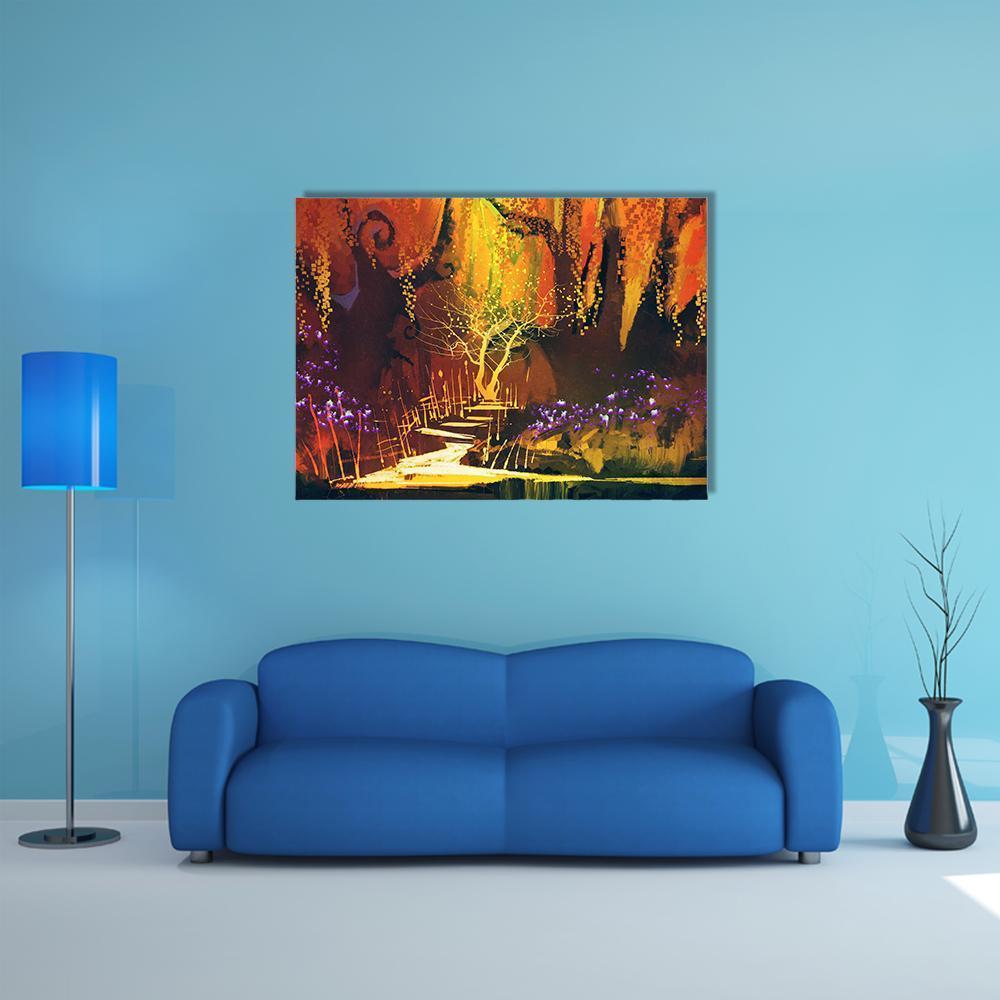Enchanted Forest Path with Glowing Tree Canvas Wall Art in orange, yellow and purple, single panel hung on a wall