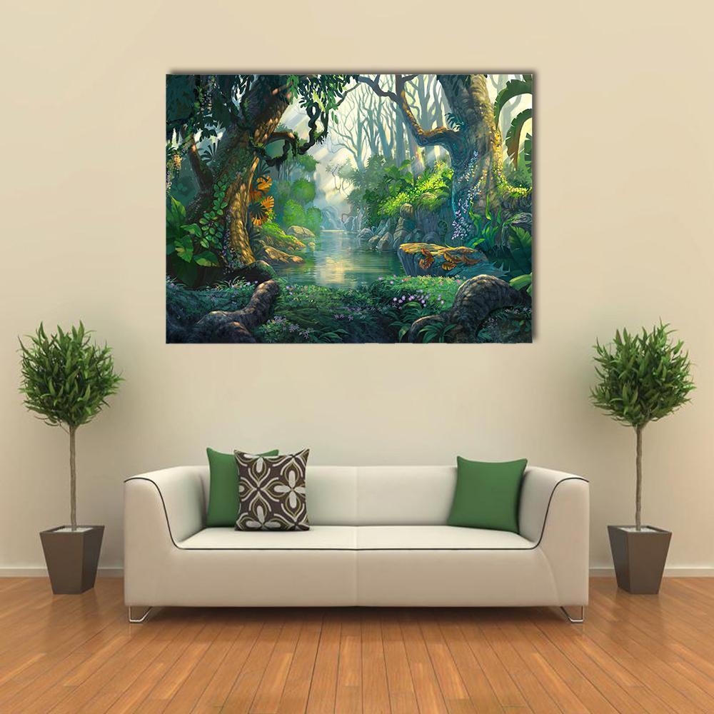 Enchanted Forest with River and Creatures Canvas Wall Art in brown, yellow and green, single panel hung on a wall