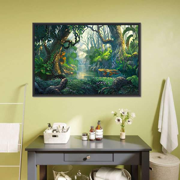 Enchanted Forest with River and Creatures Canvas Wall Art in brown, yellow and green, framed canvas, product view on a white background