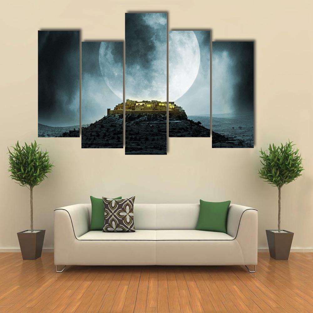 Fantasy Hill With Moon Canvas Wall Art-5 Pop-Gallery Wrap-47" x 32"-Tiaracle