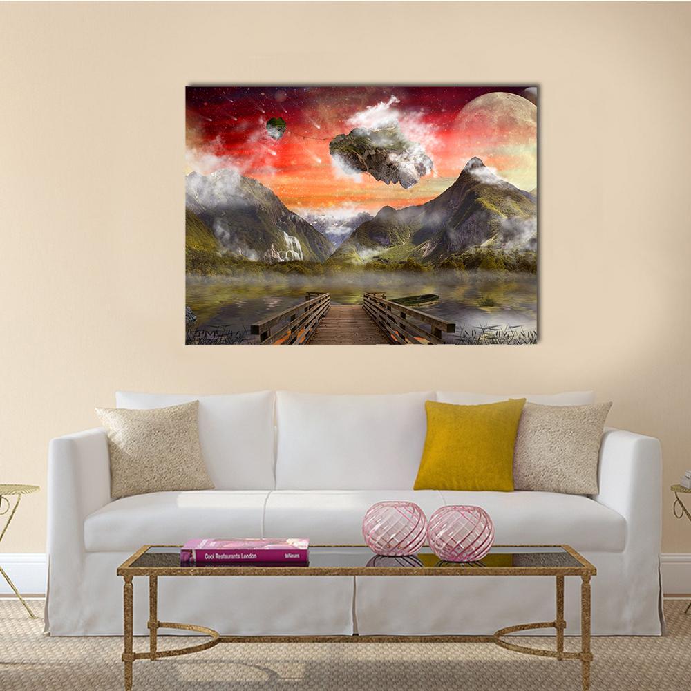 Floating Island Over Moonlit Lake Canvas Wall Art in red, orange and green, single panel hung on a wall