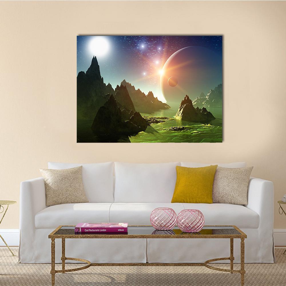 Alien Planet Sunset Over Emerald Lake Canvas Wall Art in orange, green and blue, single panel hung on a wall