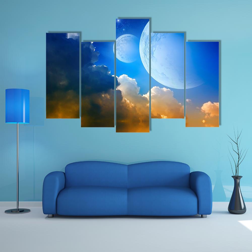 Clouds With Planets Canvas Wall Art-5 Pop-Gallery Wrap-47" x 32"-Tiaracle