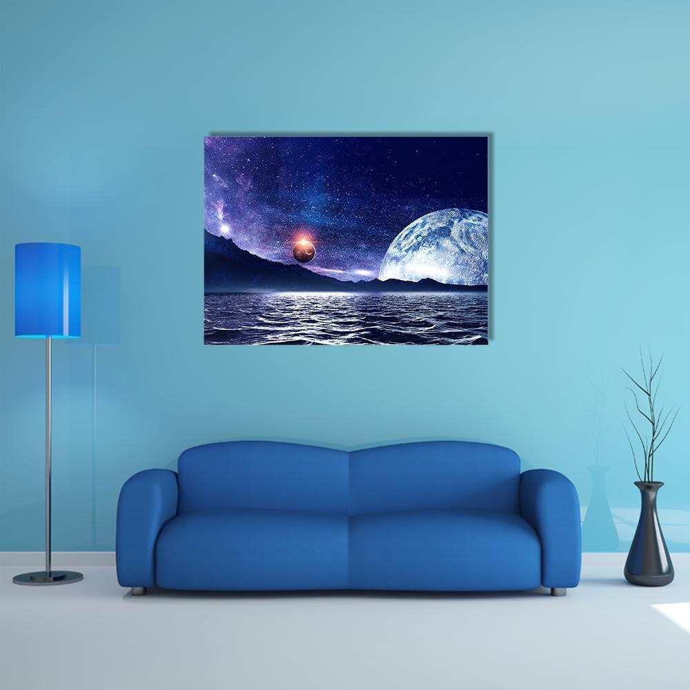 Glowing Planet Over Starry Sea Canvas Wall Art in blue, navy and purple, single panel hung on a wall
