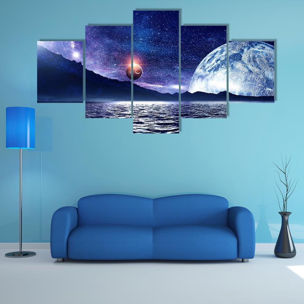Fantasy Planet &amp; Sea Canvas Wall Art-5 Star-Gallery Wrap-62&quot; x 32&quot;-Tiaracle