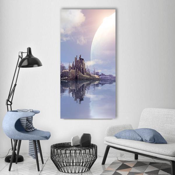 Reflective Alien Island Under Giant Planet Vertical Canvas Wall Art in gray, blue and purple, single vertical panel hung on a wall