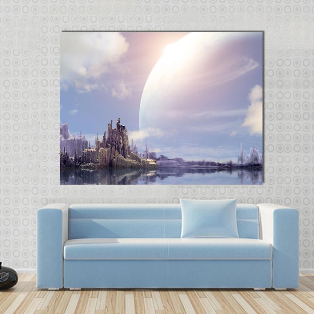 Fantasy Planet Canvas Wall Art in white, blue and purple, single panel hung on a wall