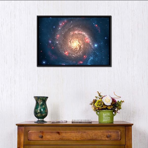 Far Galaxy in Sky Canvas Wall Art in blue, navy and pink, framed canvas, product view on a white background