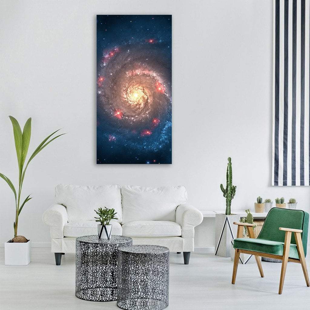 Far Galaxy in Sky Vertical Canvas Wall Art in black, gold and blue, single vertical panel hung on a wall