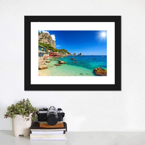 Faraglioni Cliffs &amp; Beach Canvas Wall Art-1 Piece-Framed Print-20" x 16"-Tiaracle