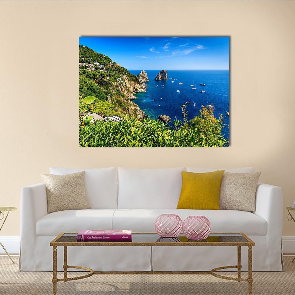 Faraglioni Cliffs Panorama Canvas Wall Art-1 Piece-Gallery Wrap-48" x 32"-Tiaracle