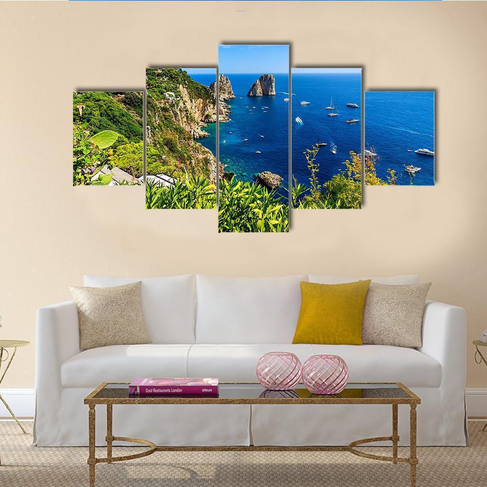 Faraglioni Cliffs Panorama Canvas Wall Art-5 Star-Gallery Wrap-62" x 32"-Tiaracle