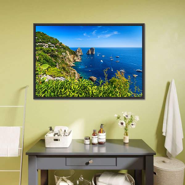 Faraglioni Cliffs Panorama Canvas Wall Art-1 Piece-Floating Frame-24" x 16"-Tiaracle