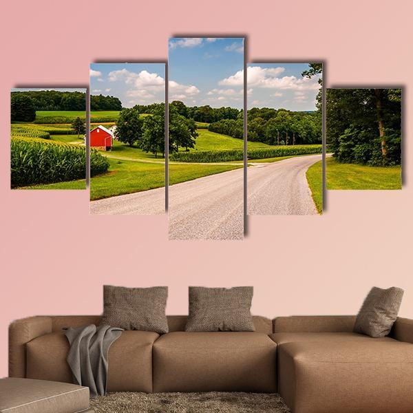 Farm Along Country Road Canvas Wall Art-5 Star-Gallery Wrap-62" x 32"-Tiaracle
