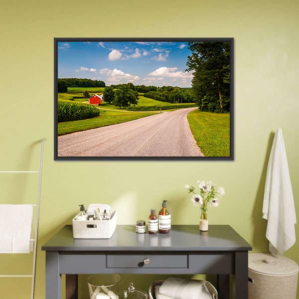 Farm Along Country Road Canvas Wall Art-1 Piece-Floating Frame-24" x 16"-Tiaracle