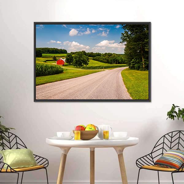 Farm Along Country Road Canvas Wall Art-3 Horizontal-Gallery Wrap-25" x 16"-Tiaracle