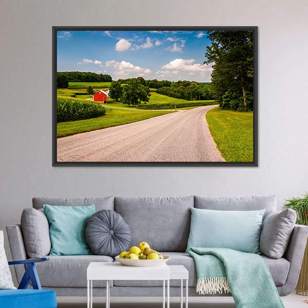 Farm Along Country Road Canvas Wall Art-3 Horizontal-Gallery Wrap-25" x 16"-Tiaracle