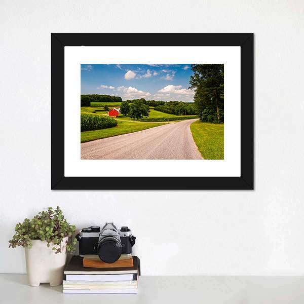 Farm Along Country Road Canvas Wall Art-1 Piece-Framed Print-20" x 16"-Tiaracle