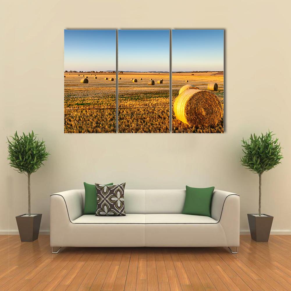 Farm Land Hay Bales On A Sunset Canvas Wall Art-3 Horizontal-Gallery Wrap-25" x 16"-Tiaracle