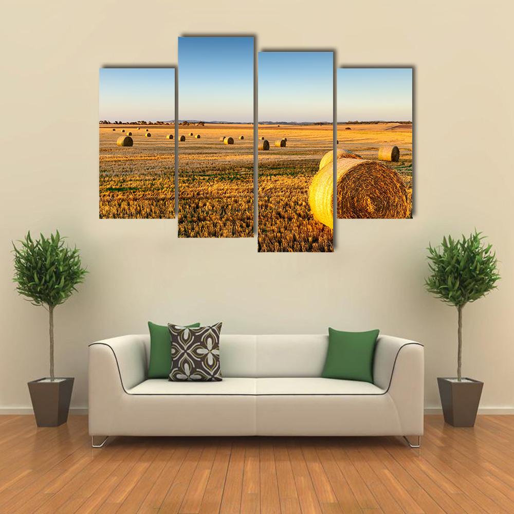 Farm Land Hay Bales On A Sunset Canvas Wall Art-4 Pop-Gallery Wrap-34" x 20"-Tiaracle