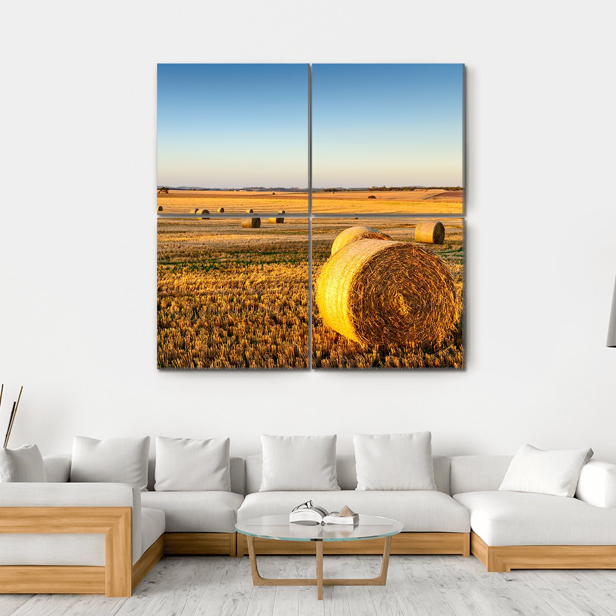 Farm Land Hay Bales On A Sunset Canvas Wall Art-4 Square-Gallery Wrap-17" x 17"-Tiaracle