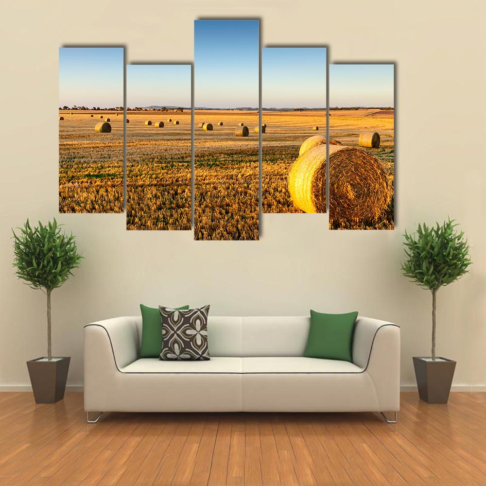 Farm Land Hay Bales On A Sunset Canvas Wall Art-5 Pop-Gallery Wrap-32" x 21"-Tiaracle
