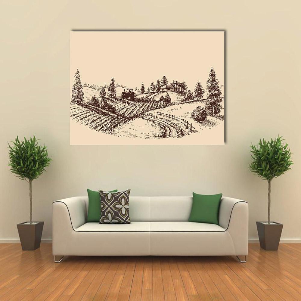 Etched Farm Landscape Canvas Wall Art in beige and brown, single panel hung on a wall